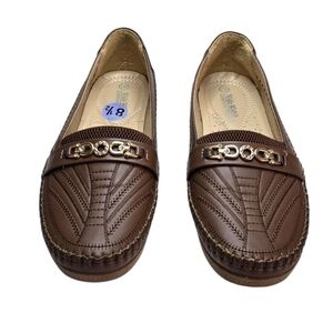 Women's Brown Slip-On Loafers with Decorative Chain